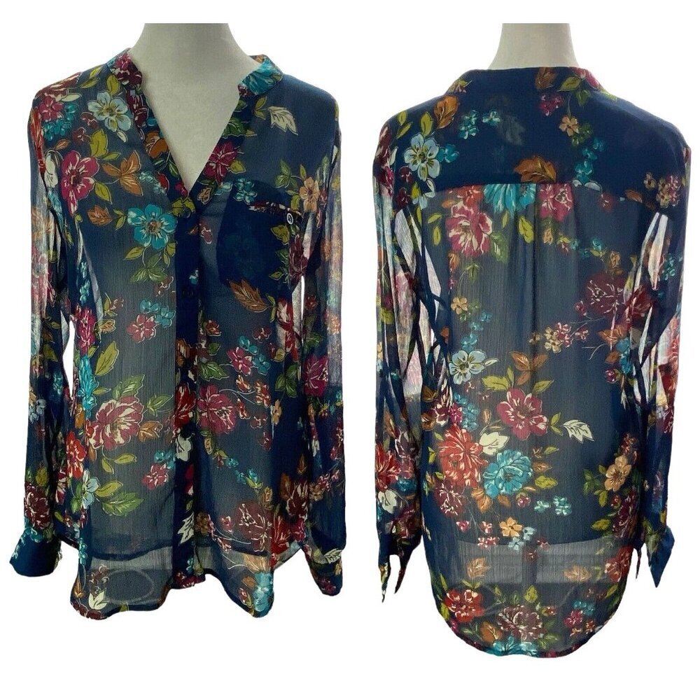 KUT from the CLOTH Women Sheer Blouse Size S Blue Roll Tab Sleeves Floral Casual